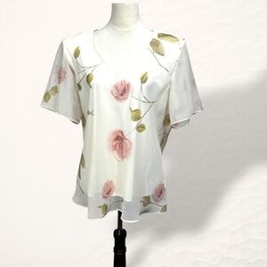JBS Ltd Floral Blouse Womens 18W White Cottagecore Sheer Layered Rose